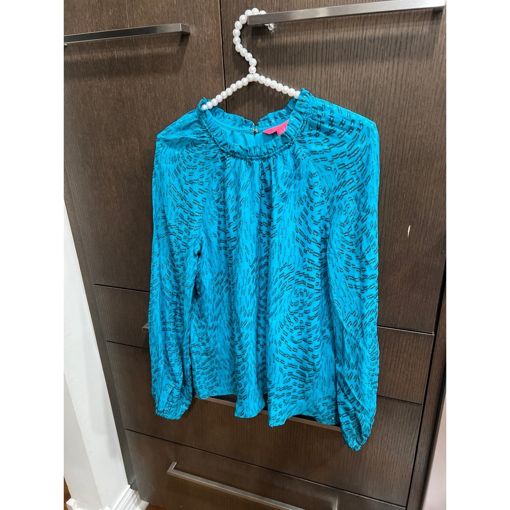 Lilly Pulitzer Caline long sleeve top Teal Bay Silk Swirl Clip metallic XS
